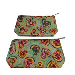 CLINIQUE Makeup Cosmetic Bag Set Womens Multicolor Heart Print Zip Pouch Duo